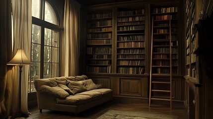 A charming personal library with polished wooden bookshelves, complete with a matching wooden ladder for easy book access.

