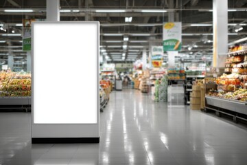 High-quality photo of blank advertising poster banner mockup inside supermarket store, Interior of supermarket, Sale label.