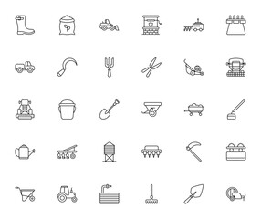 Farm equipment icon set. Minimalist vector illustrations. Includes tractor, harvester, plow, cultivator, loader, shovel, rake, baler, and more. Editable stroke design.