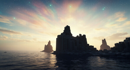 Ethereal seascape with basalt column formations rising from the misty ocean under a colorful, glowing celestial sky at dawn.
