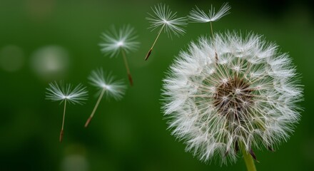 Fototapeta premium Close-up of dandelion seed head with seeds drifting away