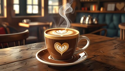 Cup of cappuccino with heart latte art on wooden cafe table