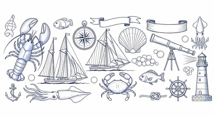 Nautical marine sea elements vector illustration with boat and sea life theme