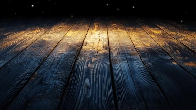 Rustic Dark Wood Planks Surface with Golden Highlights and Magical Tiny Particles