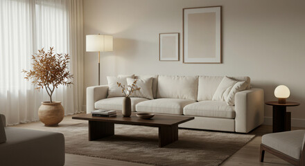 Neutral Living Room with Sofa and Wooden Coffee Table Interior Design