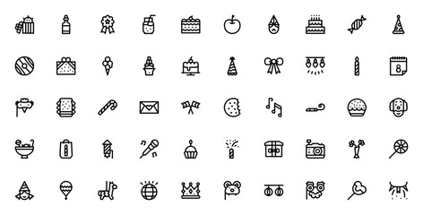 Birthday icon set. Fun vector illustration pack. Includes gift, cake, balloon, party hat, fireworks, cupcake, candy, present and more. Editable celebration graphics.