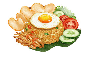 Watercolor illustration of Indonesian Nasi Goreng with a sunnysideup egg crackers and fresh vegetables.