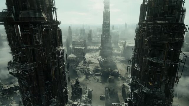 AI-generated aerial view of massive, ruined skyscrapers loom in a foggy, post-apocalyptic cityscape - Powered by Adobe