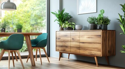 A beautifully designed dining room with a polished wooden table and elegant wooden sideboard for storage and decor.