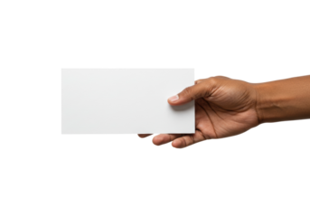 Hand delivering blank white card studio minimalist blank slate for creativity. Cut out png