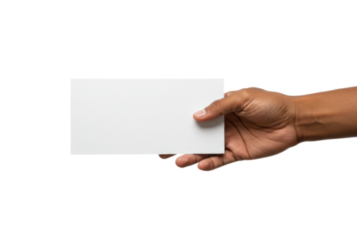 Hand delivering blank white card studio minimalist blank slate for creativity. Cut out png