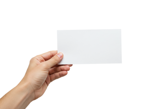 Hand holding blank card studio setting simple perspective minimalist concept. Cut out png