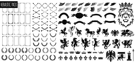 Heraldic Symbols and Design Elements: A diverse collection of heraldic symbols, intricate design elements, crests, and ornate patterns meticulously arranged, ready for various artistic applications.