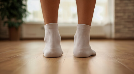 Low angle view from behind of a person's feet in white socks standing on a wooden floor at home
