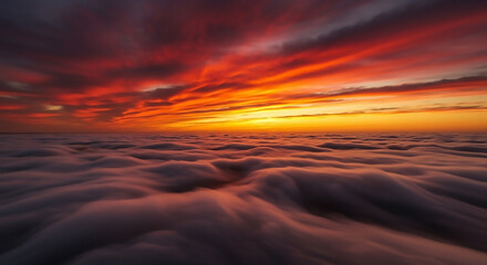 A fiery sunset paints the sky with watercolor hues above a sea of rolling fog, creating a surreal and beautiful landscape plain.