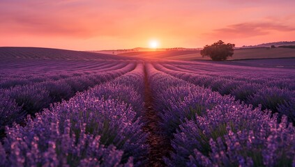 Naklejka premium Lavender field at sunset with rows of purple flowers and a tree in the distance under a colorful sky