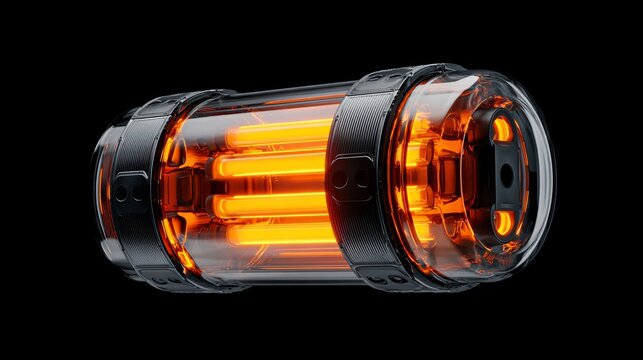 A cylindrical device with glowing orange tubes encased in clear and dark metallic materials