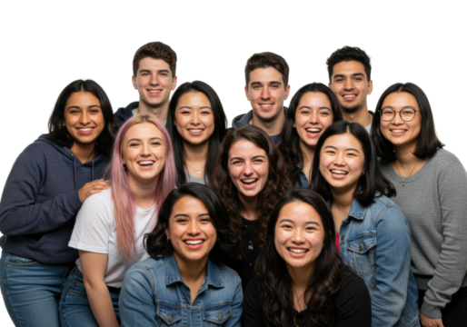 Group of friends smiling together studio portrait bright eye-level joy and friendship. Cut out png