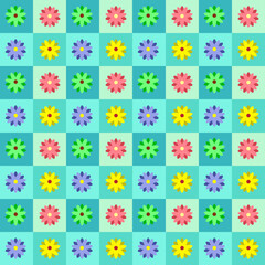 Colorful Floral Pattern in Checkerboard Style – Seamless Vector Background