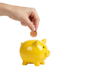 Saving money hand inserting coin into yellow piggy bank indoor bright setting perspective. Cut out png