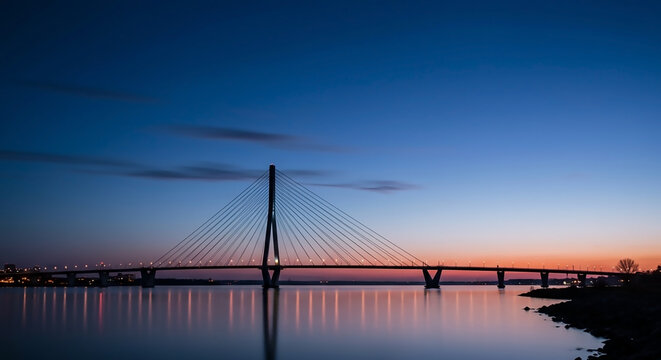 A modern cable-stayed bridge illuminated at dusk, with its structure and city lights beautifully reflected in the serene water.