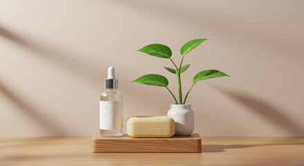 Natural Beige Soap with Plant on Wooden Surface with Dropper Bottle