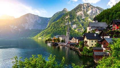 Fototapeta premium Lakeside village with alpine sunset.