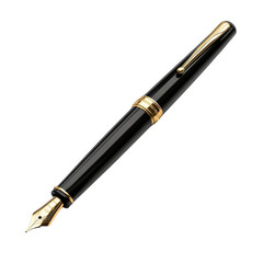 Elegant black fountain pen with gold accents displayed against a black background
