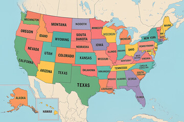 US map, USA map, United States map, USA map with state names, US states labeled, USA political map, American states map, USA state boundaries, US geography map, USA labeled map, US map illustration, 