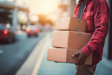 Person Delivery carrying stack of cardboard packages in city