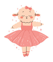 Cute sheep ballerina dancing ballet. Flat vector illustration.