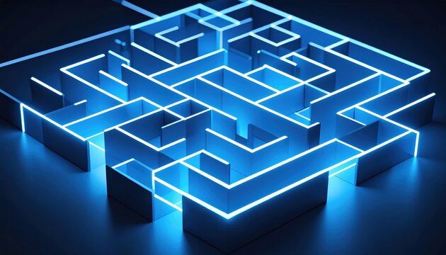 Intricate 3D Labyrinth Illuminated by Glowing Blue Neon Pathways