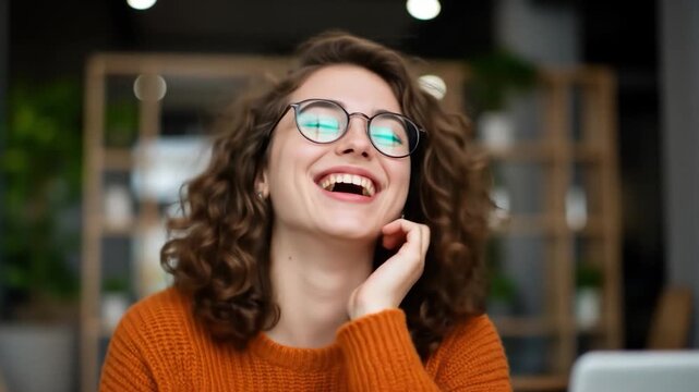 Smiling woman with glasses looking upward in bright indoor environment happy optimistic