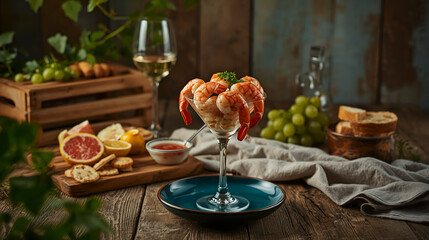 Obraz premium Elegant Still Life Shrimp Cocktail Appetizer with Wine and Citrus Fruits