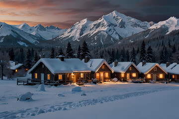 Fototapeta premium A winter wonderland panorama with snow-covered cottages