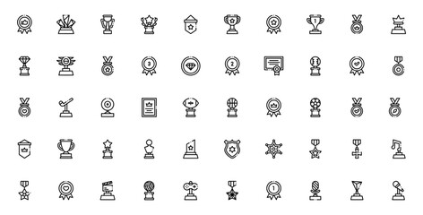 Reward and Badges icon set. Vector trophy and medal collection. Includes sports awards, police badges, certificates, banners for baseball, hockey, rugby, football and more. Editable stroke.