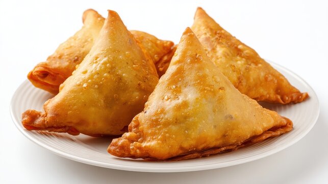 High-quality photo of indian special traditional street food punjabi samosa in plate on white background.