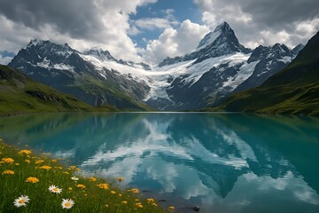 Naklejka premium Scenic Switzerland landscape with majestic Alps, perfect for travel, tourism, and nature-themed designs.