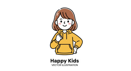 A happy young girl in a yellow hoodie making a fist pump gesture. Vector illustration of a positive and energetic child.
