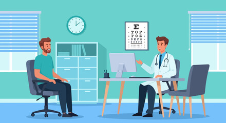 Vector illustration of a medical consultation between a doctor and a male patient in a modern clinic office. Man visiting a physician for a health checkup.