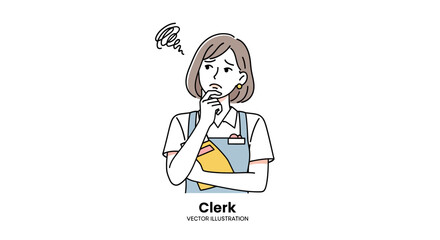 Obraz premium Vector illustration of a worried female clerk in an apron, looking thoughtful and confused with a swirl icon.