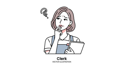 A vector illustration of a female clerk with a troubled expression, thinking with her hand on her chin