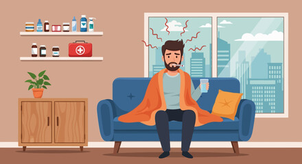 A sick man with flu or cold symptoms sits on a sofa at home, feeling unwell with a fever and headache.