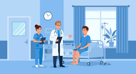 Doctor and nurse consulting with a patient in a hospital room. Medical team providing professional healthcare illustration.