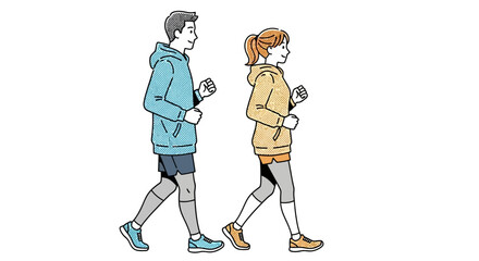 Active couple walking side by side in sportswear. Simple vector illustration for health, wellness, and fitness concepts.