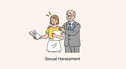 Illustration of an older manager inappropriately touching a female employee, depicting sexual harassment and workplace misconduct.