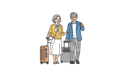 An illustration of a happy elderly couple with their suitcases, preparing for a journey together