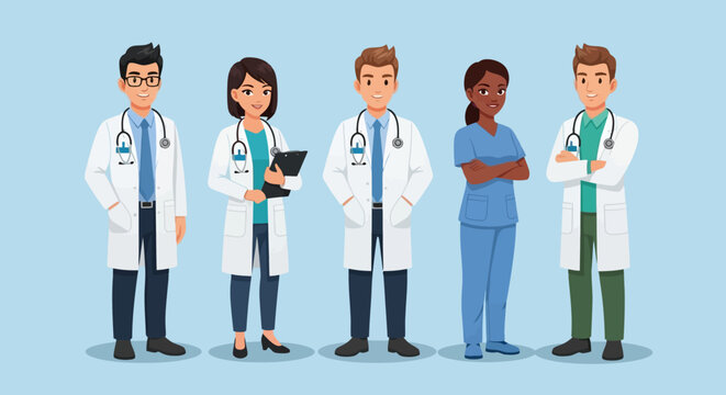 Vector illustration of a diverse medical team with doctors and a nurse standing together. Professional healthcare staff character set. - Powered by Adobe