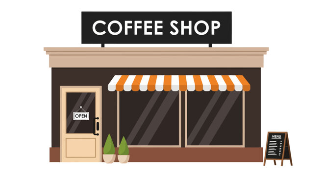 Coffee shop building exterior with a storefront facade. Flat vector illustration of a small local business or cafe.