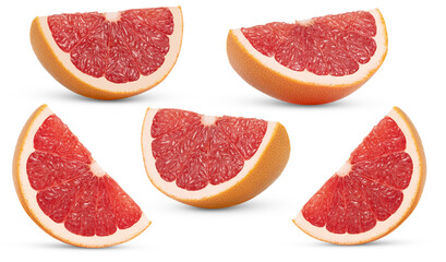 Standing ripe slice of pink grapefruit citrus fruit set isolated with clipping path. Grapefruit...